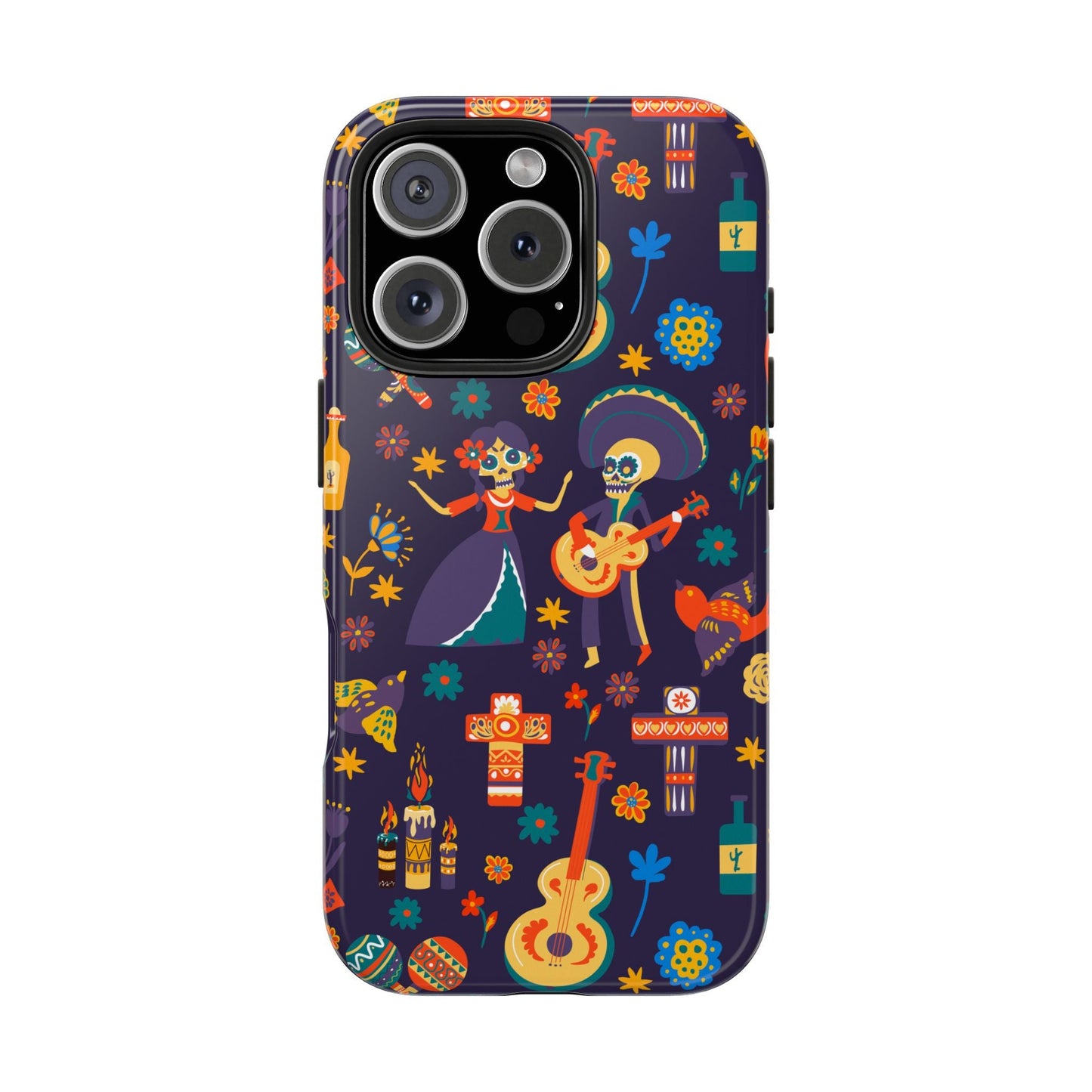 Colorful Dia de los Muertos Phone Case, Tough Case for Halloween, Gift for Music Lovers, Floral Phone Cover, Sugar Skull Art - MaisonThreadory