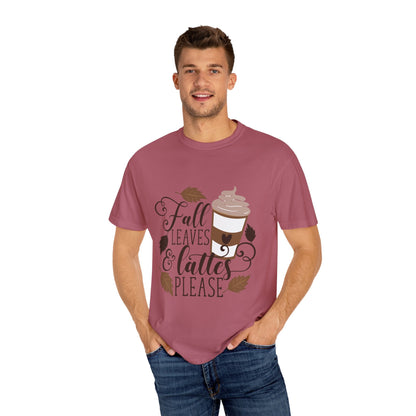 Fall Leaves & Lattes Unisex T-Shirt, Cozy Autumn Tee, Perfect for Fall, Coffee Lovers Gift, Seasonal Fashion Statement, Thanksgiving Shirt - MaisonThreadory