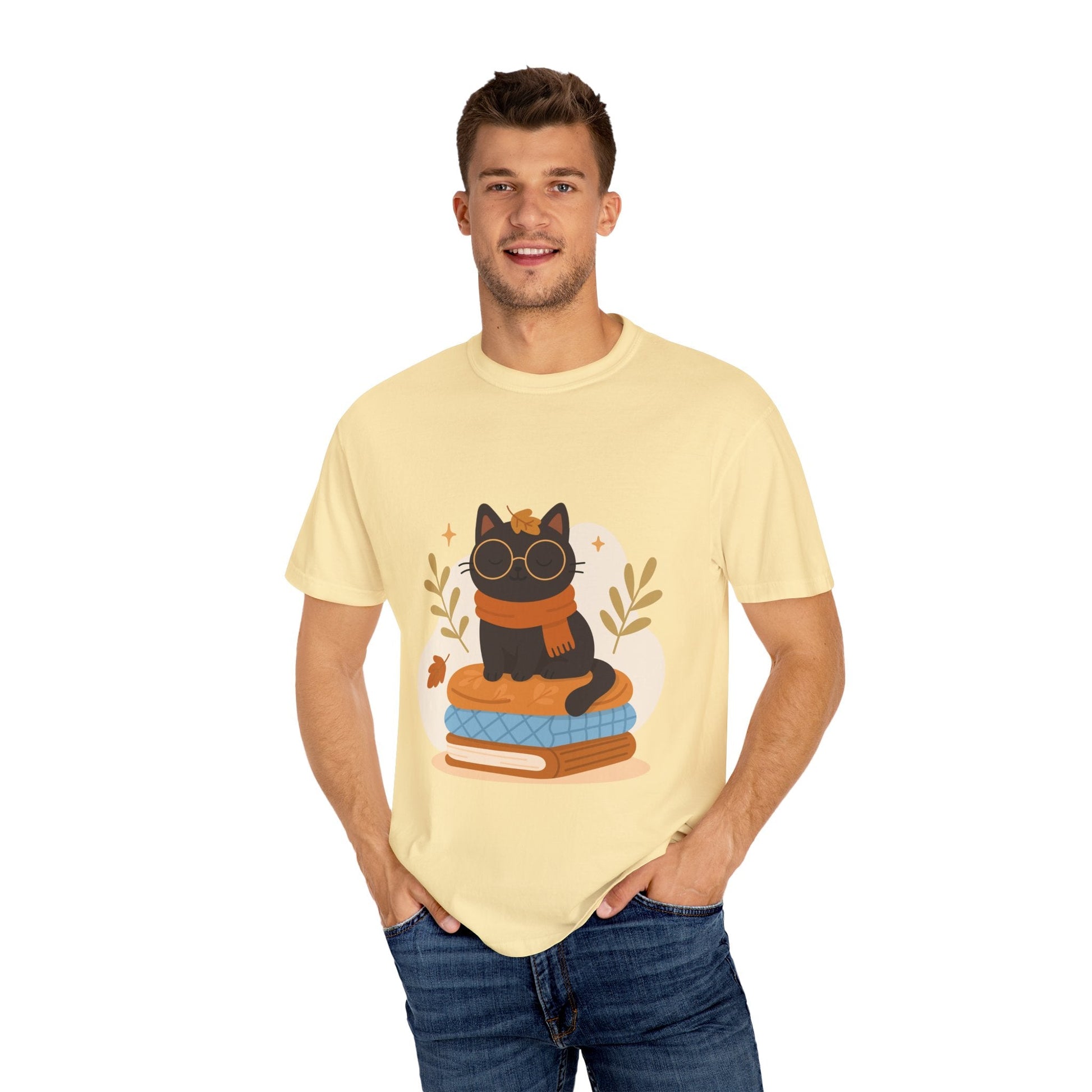 Charming Cat Graphic T-Shirt, Cozy Autumn Tee with Books and Glasses, Perfect for Cat Lovers, Gift for Bookworms, Unisex Fall Fashion - MaisonThreadory