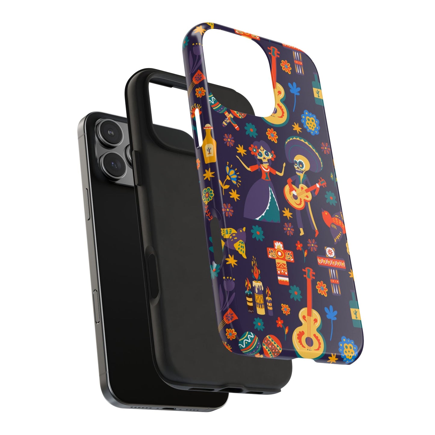 Colorful Dia de los Muertos Phone Case, Tough Case for Halloween, Gift for Music Lovers, Floral Phone Cover, Sugar Skull Art - MaisonThreadory