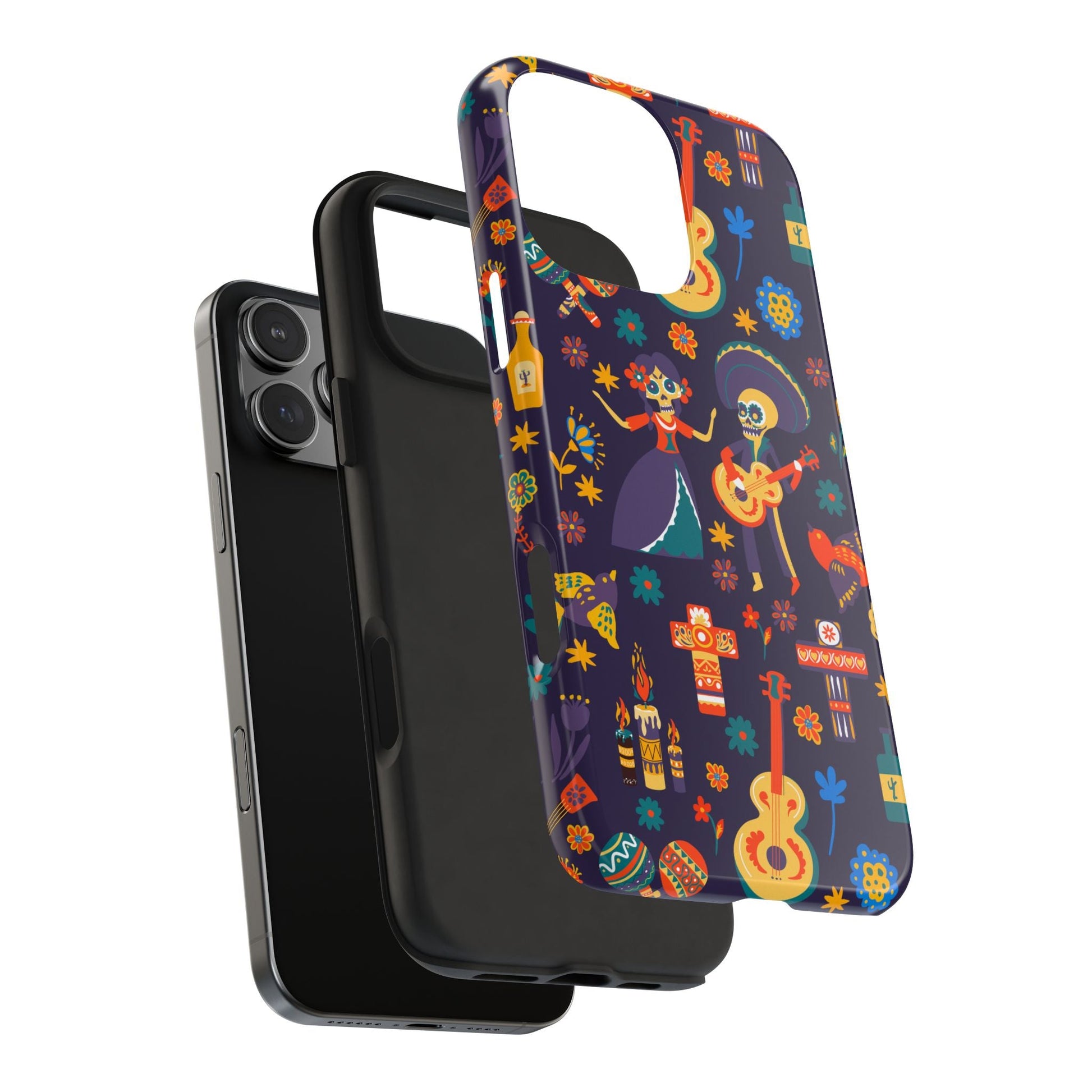 Colorful Dia de los Muertos Phone Case, Tough Case for Halloween, Gift for Music Lovers, Floral Phone Cover, Sugar Skull Art - MaisonThreadory