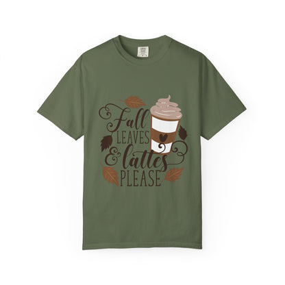 Fall Leaves & Lattes Unisex T-Shirt, Cozy Autumn Tee, Perfect for Fall, Coffee Lovers Gift, Seasonal Fashion Statement, Thanksgiving Shirt - MaisonThreadory