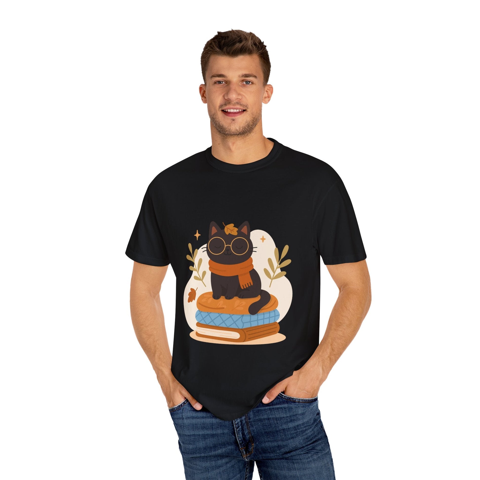 Charming Cat Graphic T-Shirt, Cozy Autumn Tee with Books and Glasses, Perfect for Cat Lovers, Gift for Bookworms, Unisex Fall Fashion - MaisonThreadory