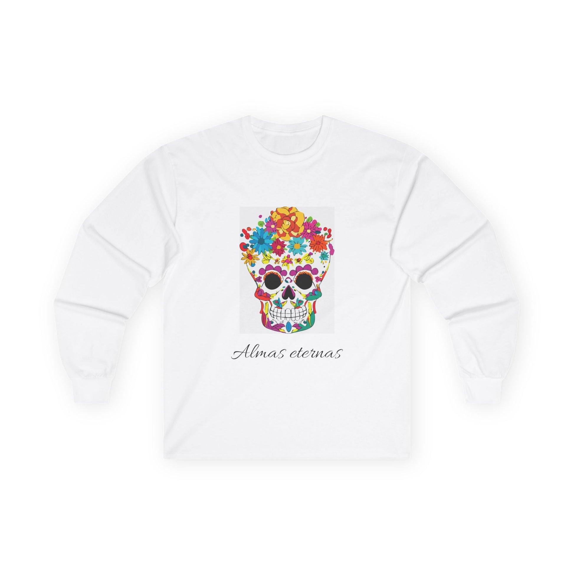 Colorful Skull Floral Long Sleeve Tee, Cute Skulls Tee, Halloween Apparel, Day of the Dead Shirt, Unisex Long Sleeve Shirt - MaisonThreadory