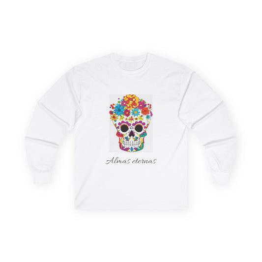 Colorful Skull Floral Long Sleeve Tee, Cute Skulls Tee, Halloween Apparel, Day of the Dead Shirt, Unisex Long Sleeve Shirt - MaisonThreadory