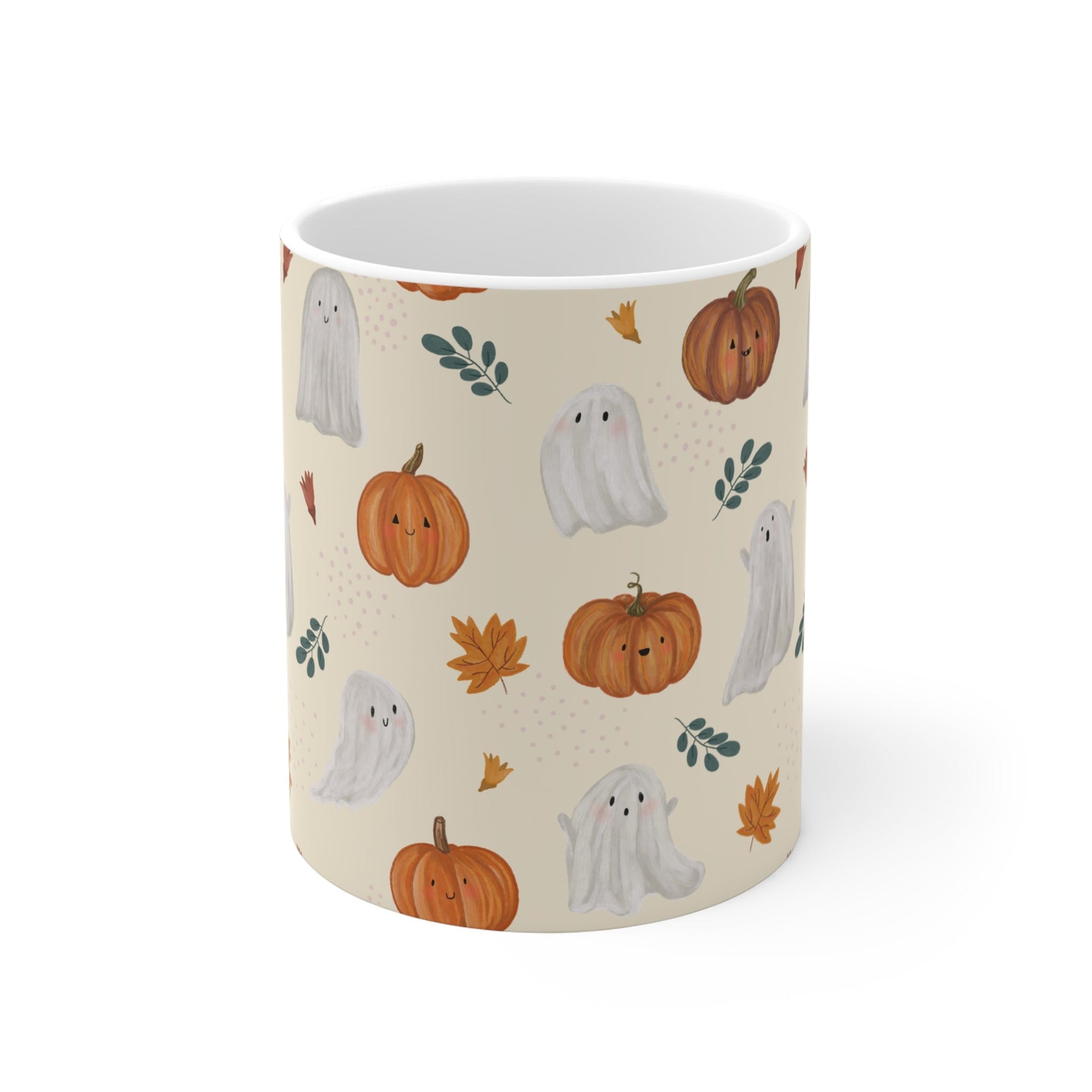 Autumn Ghosts Mug, Fall Coffee Cup, Halloween Drinkware, Cute Pumpkin Mug, Seasonal Ceramic Mug - MaisonThreadory