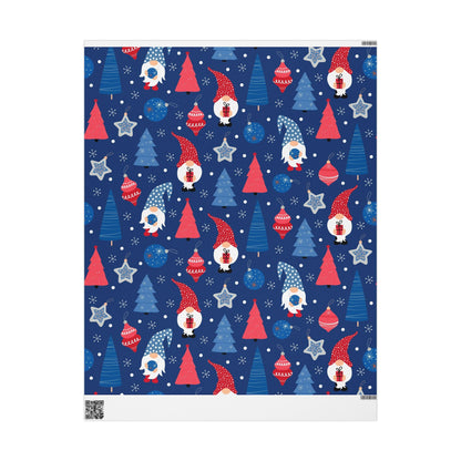 Christmas Gnome Wrapping Paper Roll — Blue Holiday Gift Wrap with Trees & Ornaments - MaisonThreadory