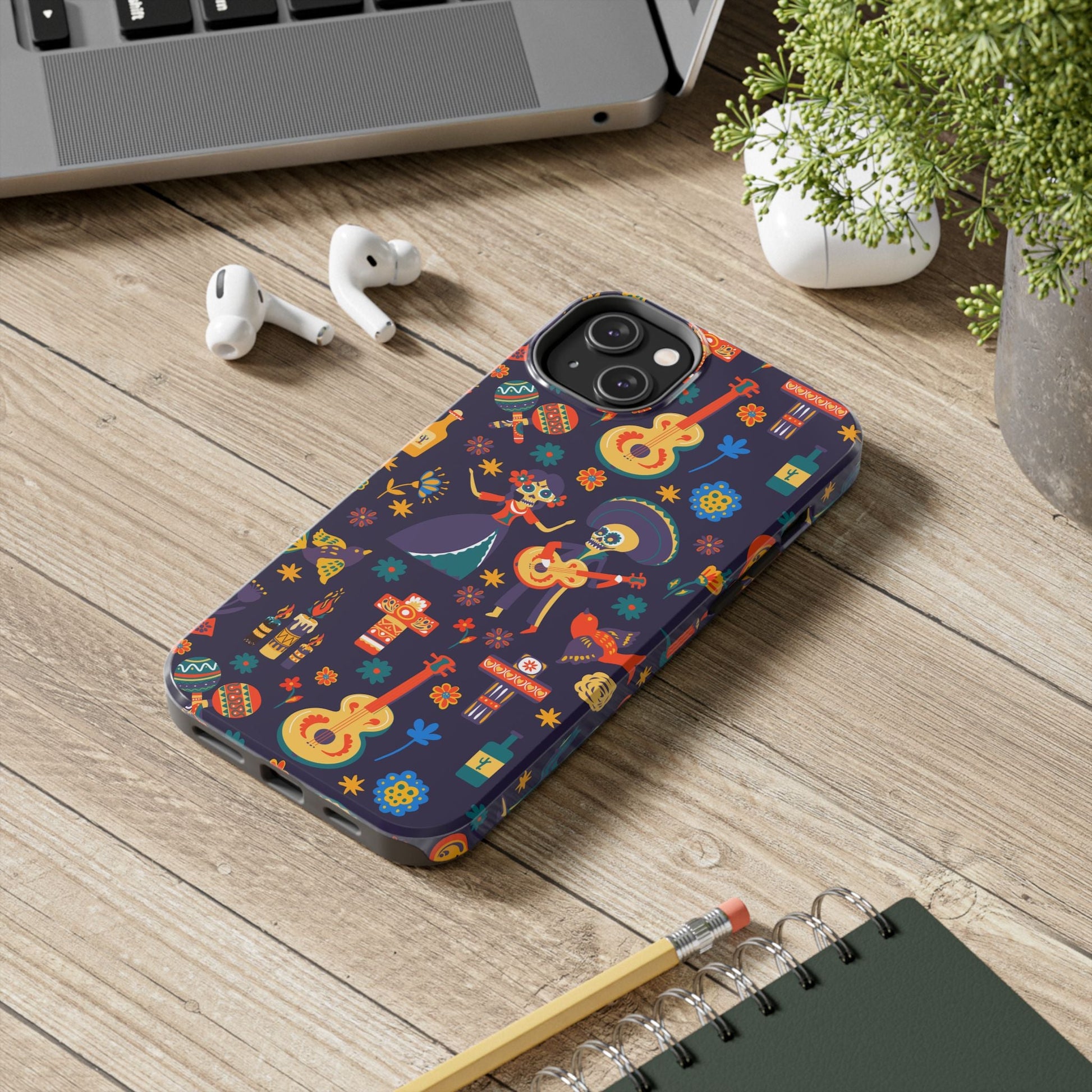 Colorful Dia de los Muertos Phone Case, Tough Case for Halloween, Gift for Music Lovers, Floral Phone Cover, Sugar Skull Art - MaisonThreadory