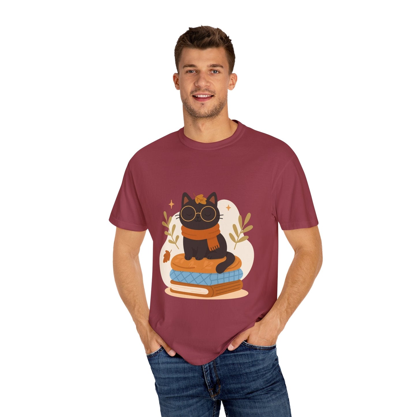 Charming Cat Graphic T-Shirt, Cozy Autumn Tee with Books and Glasses, Perfect for Cat Lovers, Gift for Bookworms, Unisex Fall Fashion - MaisonThreadory