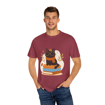 Charming Cat Graphic T-Shirt, Cozy Autumn Tee with Books and Glasses, Perfect for Cat Lovers, Gift for Bookworms, Unisex Fall Fashion - MaisonThreadory