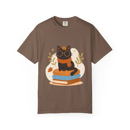 Charming Cat Graphic T-Shirt, Cozy Autumn Tee with Books and Glasses, Perfect for Cat Lovers, Gift for Bookworms, Unisex Fall Fashion - MaisonThreadory