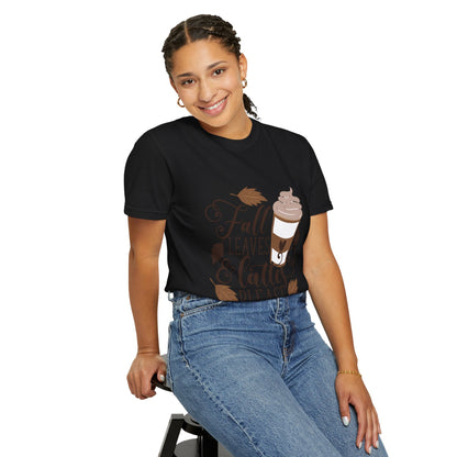Fall Leaves & Lattes Unisex T-Shirt, Cozy Autumn Tee, Perfect for Fall, Coffee Lovers Gift, Seasonal Fashion Statement, Thanksgiving Shirt - MaisonThreadory