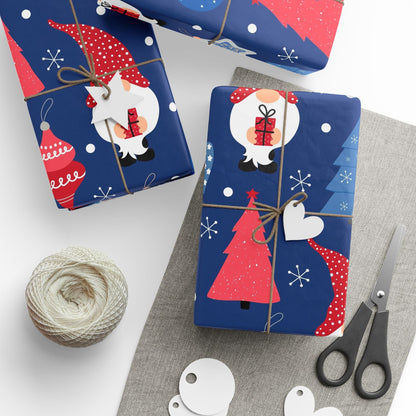 Christmas Gnome Wrapping Paper Roll — Blue Holiday Gift Wrap with Trees & Ornaments - MaisonThreadory