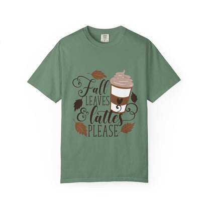 Fall Leaves & Lattes Unisex T-Shirt, Cozy Autumn Tee, Perfect for Fall, Coffee Lovers Gift, Seasonal Fashion Statement, Thanksgiving Shirt - MaisonThreadory