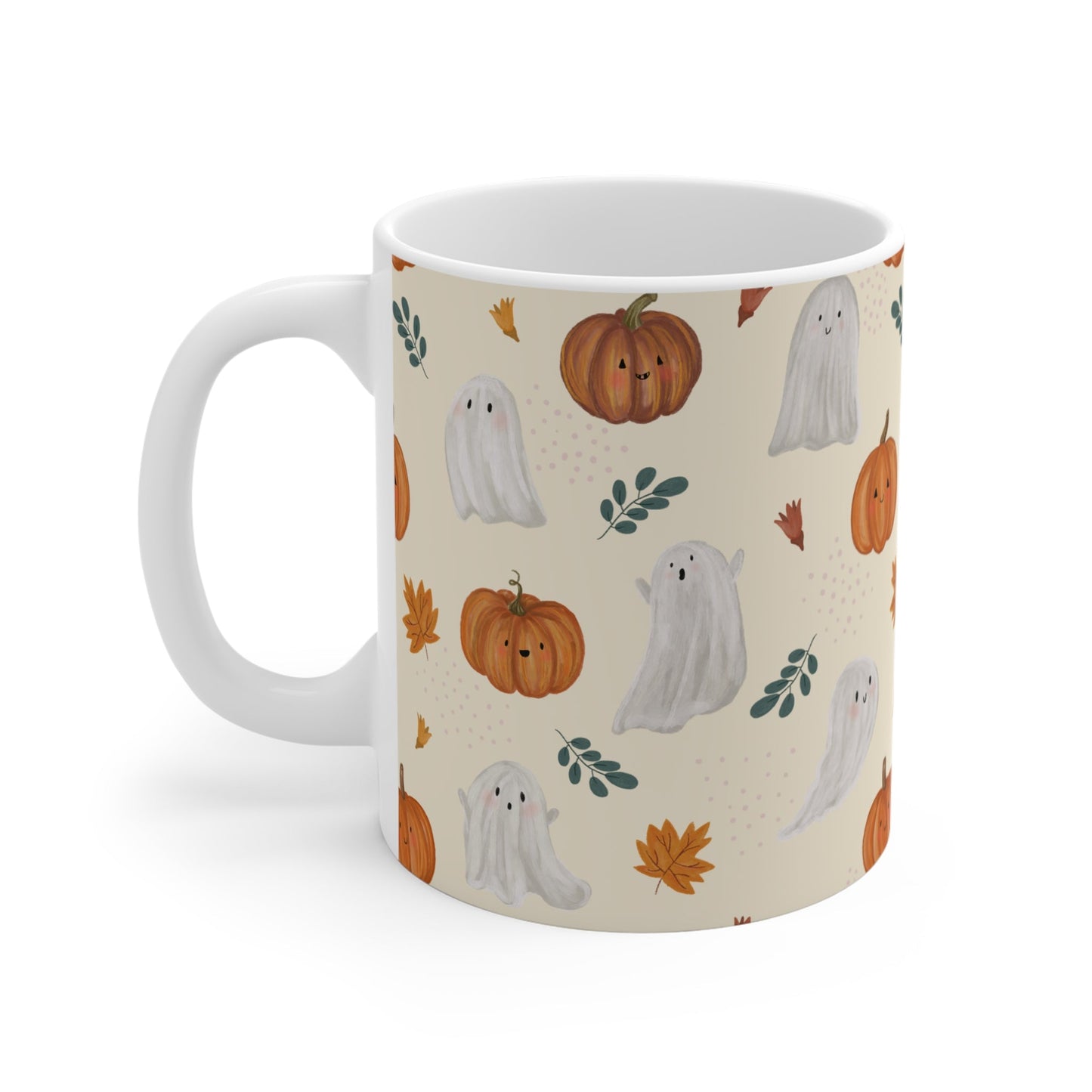 Autumn Ghosts Mug, Fall Coffee Cup, Halloween Drinkware, Cute Pumpkin Mug, Seasonal Ceramic Mug - MaisonThreadory