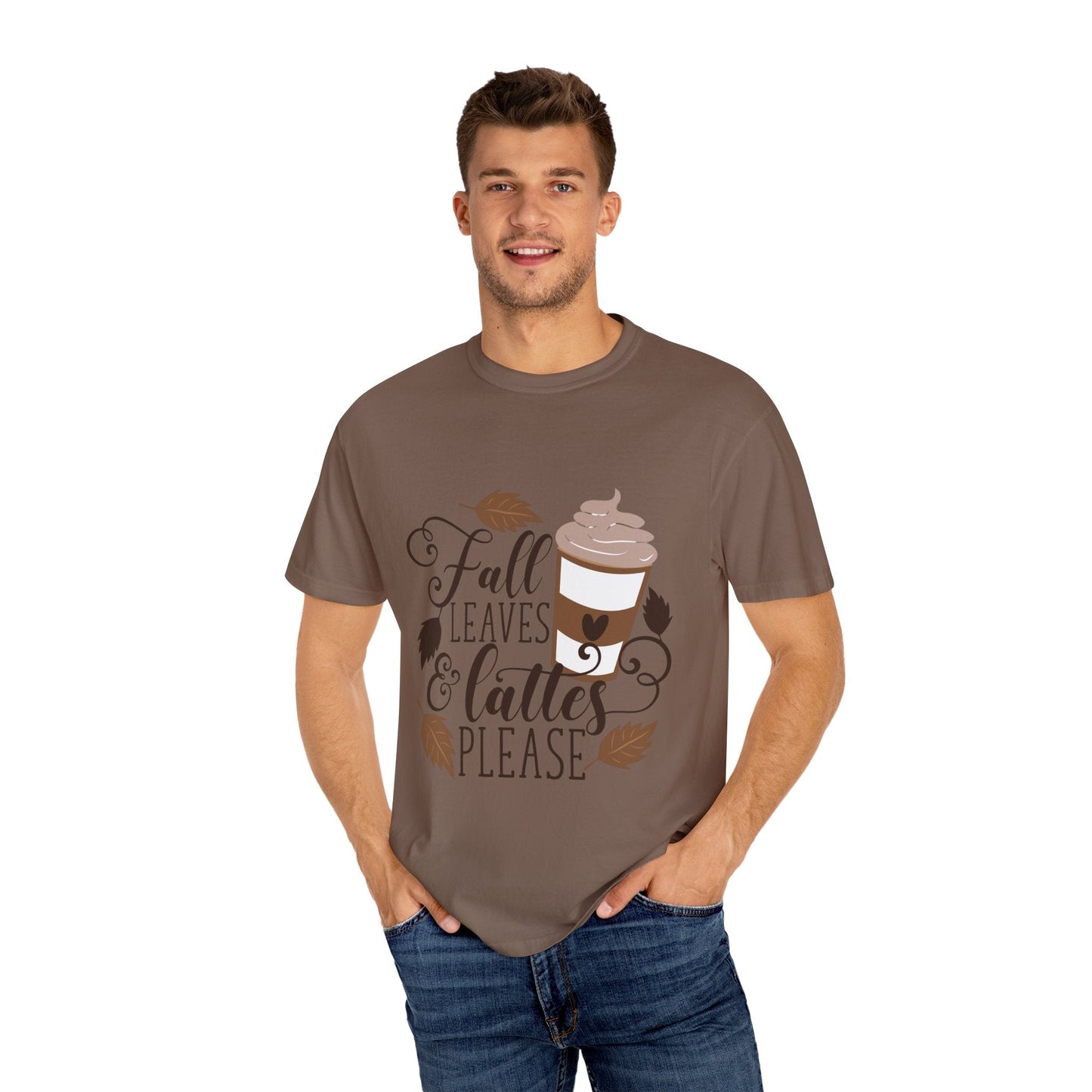 Fall Leaves & Lattes Unisex T-Shirt, Cozy Autumn Tee, Perfect for Fall, Coffee Lovers Gift, Seasonal Fashion Statement, Thanksgiving Shirt - MaisonThreadory