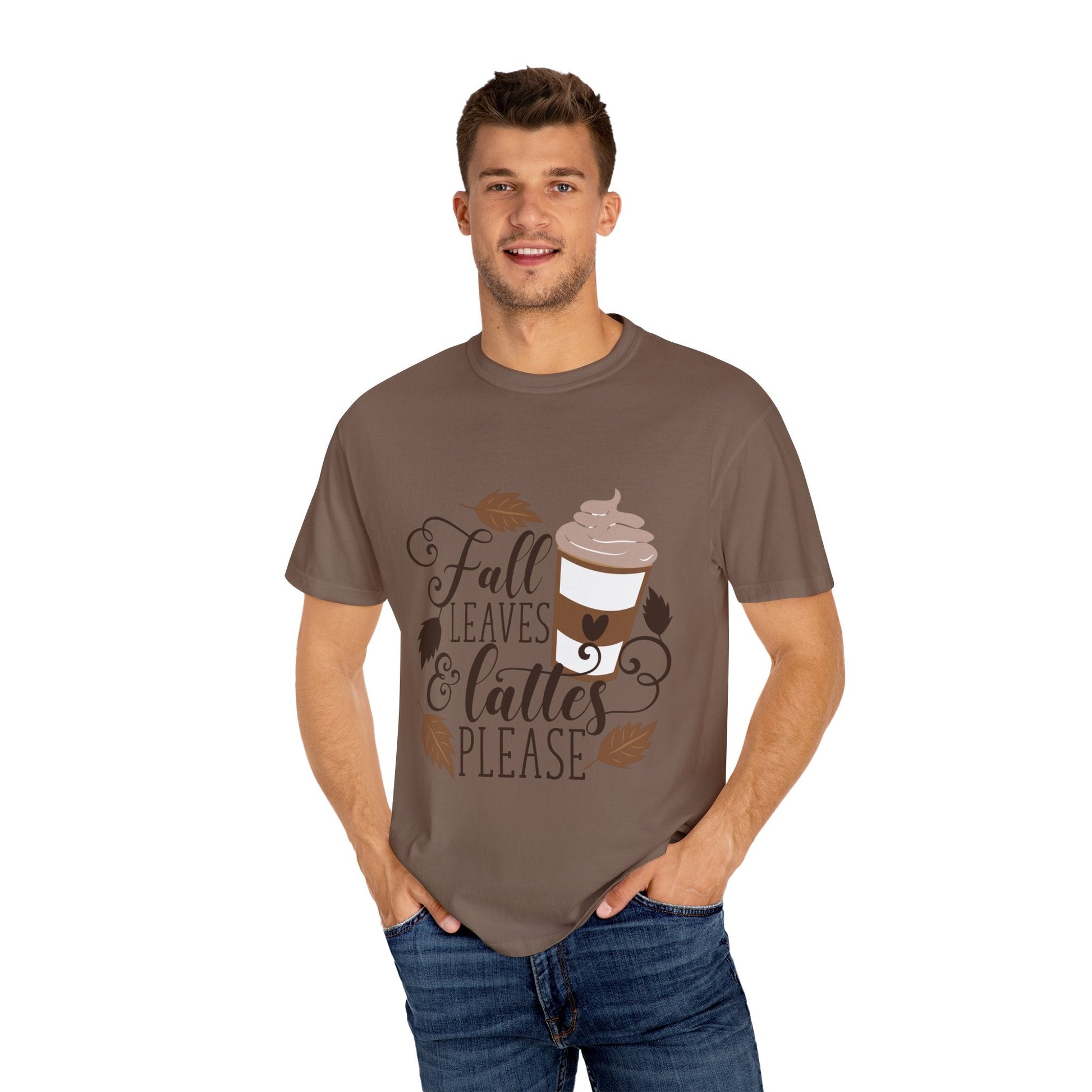 Fall Leaves & Lattes Unisex T-Shirt, Cozy Autumn Tee, Perfect for Fall, Coffee Lovers Gift, Seasonal Fashion Statement, Thanksgiving Shirt - MaisonThreadory