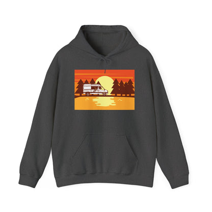 Retro Camping Sunset Hoodie, Cozy Outdoor Sweatshirt, Fall Vibes Pullover, Unisex Nature Gift, Adventure Hoodie - MaisonThreadory