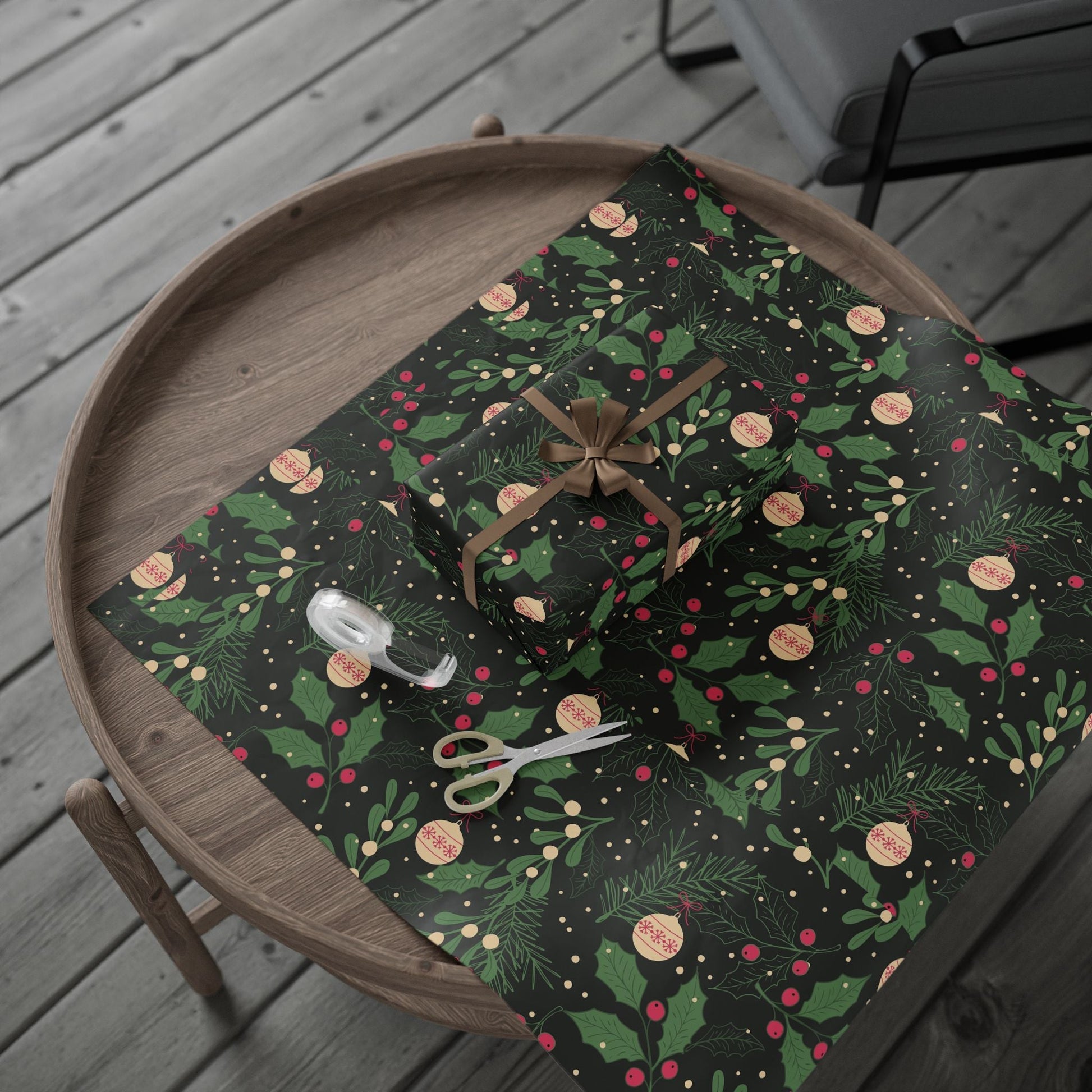 Holiday Holly & Baubles Wrapping Paper — Festive Christmas Gift Wrap - MaisonThreadory