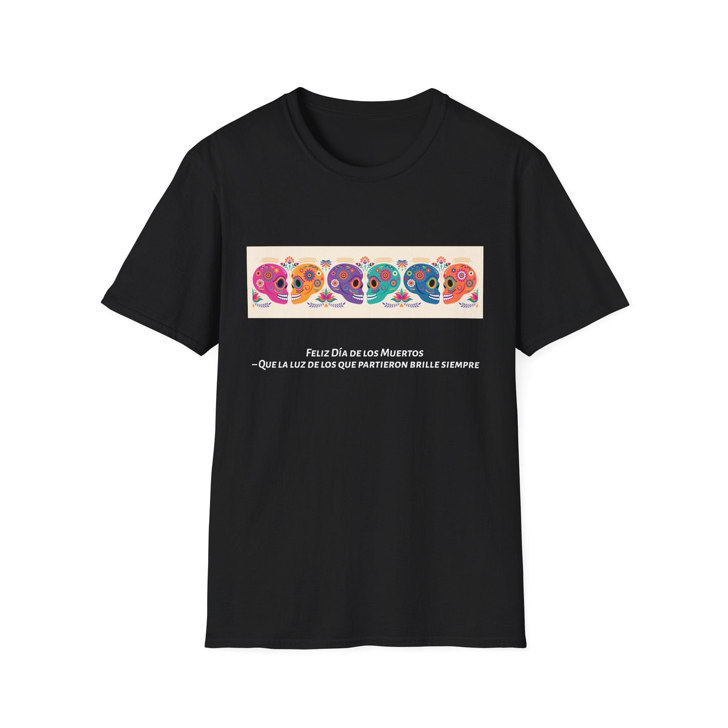 Colorful Day of the Dead T-Shirt | Unisex Softstyle Tee, Festive Skull Design, Halloween, Mexican Culture, Gift for Him/Her - MaisonThreadory