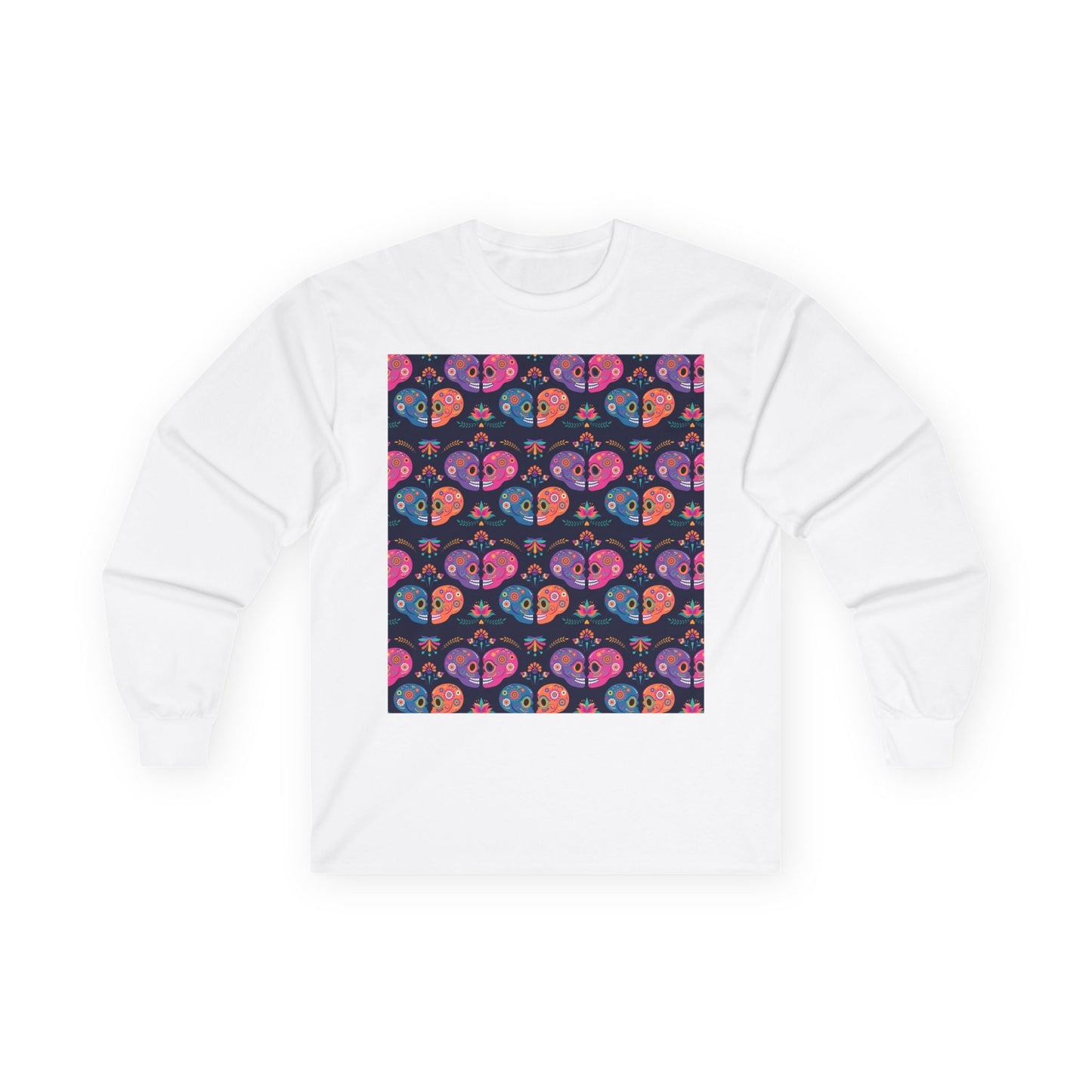 Día de los Muertos Long Sleeve Tee, Colorful Sugar Skull Shirt, Unisex Halloween Top, Festival Apparel, Celebrate Life - MaisonThreadory