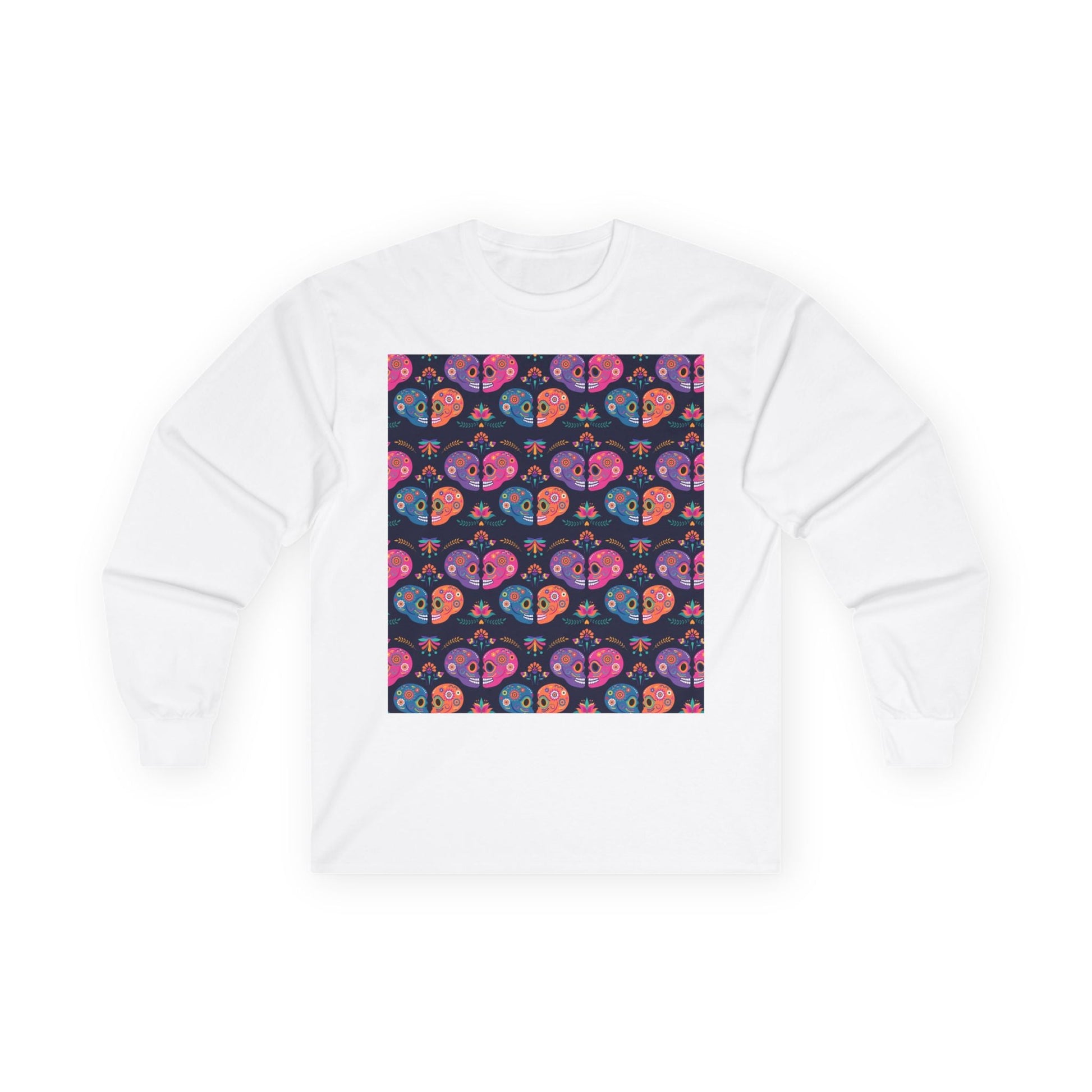 Día de los Muertos Long Sleeve Tee, Colorful Sugar Skull Shirt, Unisex Halloween Top, Festival Apparel, Celebrate Life - MaisonThreadory