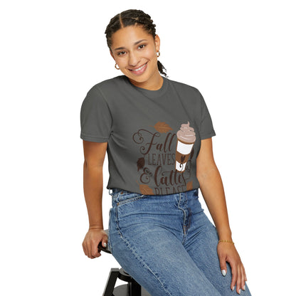 Fall Leaves & Lattes Unisex T-Shirt, Cozy Autumn Tee, Perfect for Fall, Coffee Lovers Gift, Seasonal Fashion Statement, Thanksgiving Shirt - MaisonThreadory