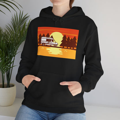 Retro Camping Sunset Hoodie, Cozy Outdoor Sweatshirt, Fall Vibes Pullover, Unisex Nature Gift, Adventure Hoodie - MaisonThreadory