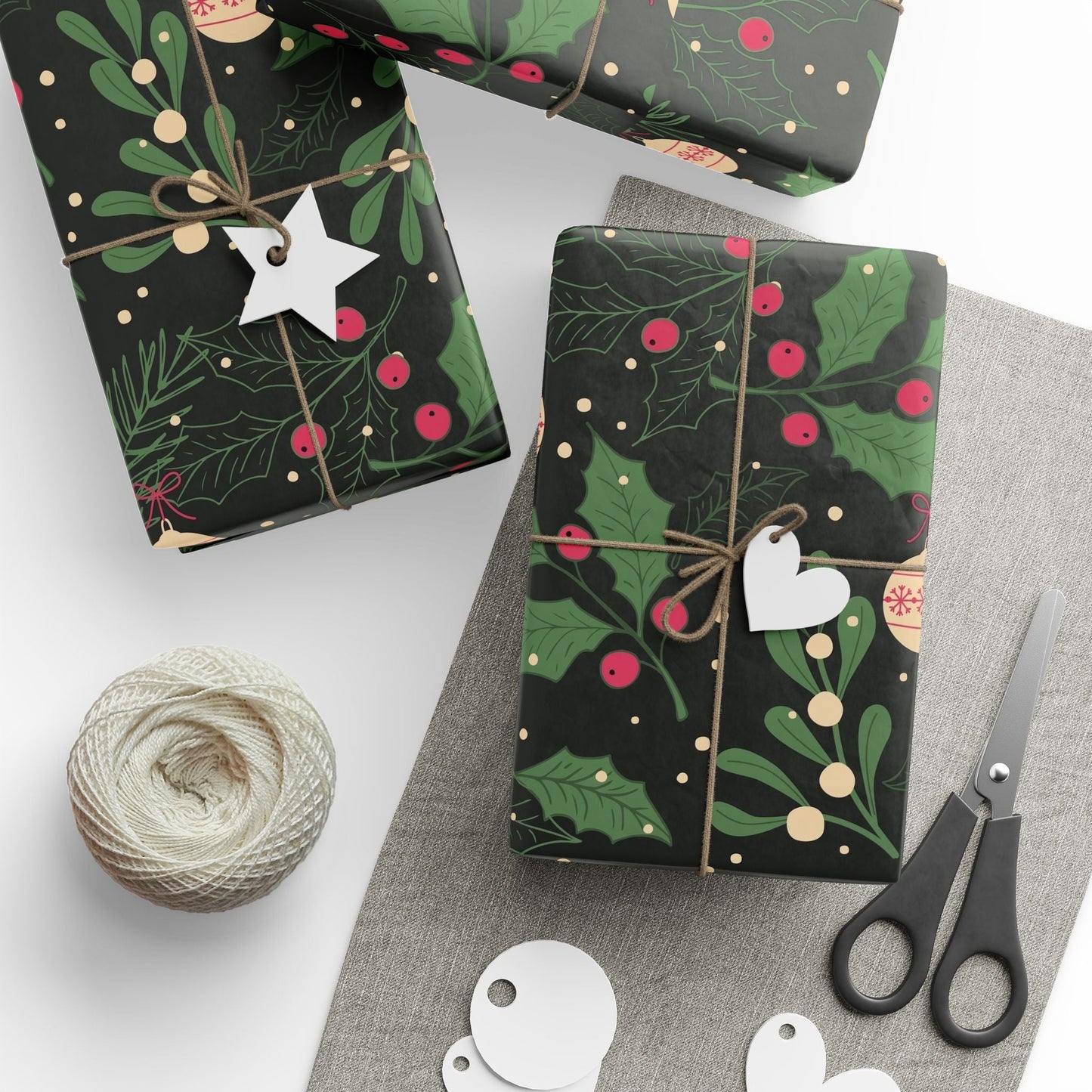 Holiday Holly & Baubles Wrapping Paper — Festive Christmas Gift Wrap - MaisonThreadory