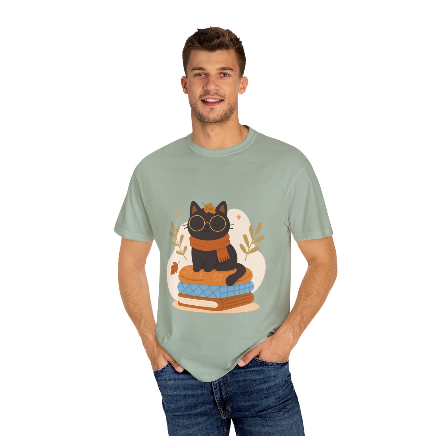 Charming Cat Graphic T-Shirt, Cozy Autumn Tee with Books and Glasses, Perfect for Cat Lovers, Gift for Bookworms, Unisex Fall Fashion - MaisonThreadory