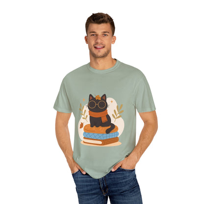 Charming Cat Graphic T-Shirt, Cozy Autumn Tee with Books and Glasses, Perfect for Cat Lovers, Gift for Bookworms, Unisex Fall Fashion - MaisonThreadory