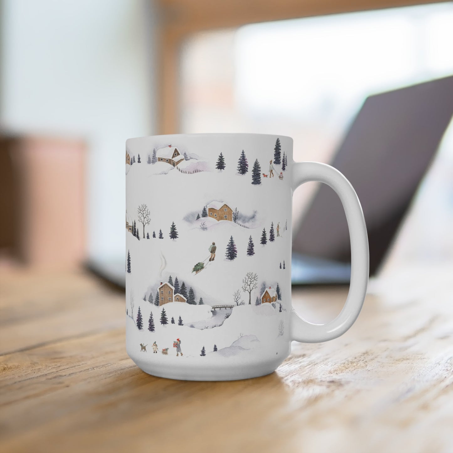 Cozy Winter Scene Mug, Hand - Drawn Nature Design, Perfect for Holiday Gifting, Snowy Landscape Coffee Cup, Winter Decor - MaisonThreadory